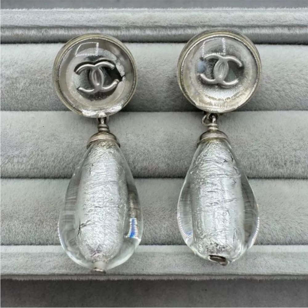 Chanel Silver Drop Clip On Earrings